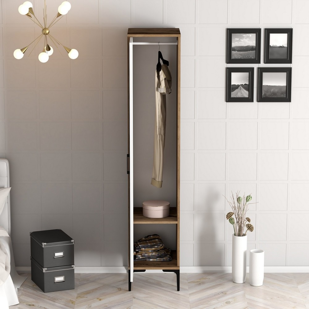 Armoire Kairos avec miroir - 201,40x40x47,50 cm - Noyer/blanc