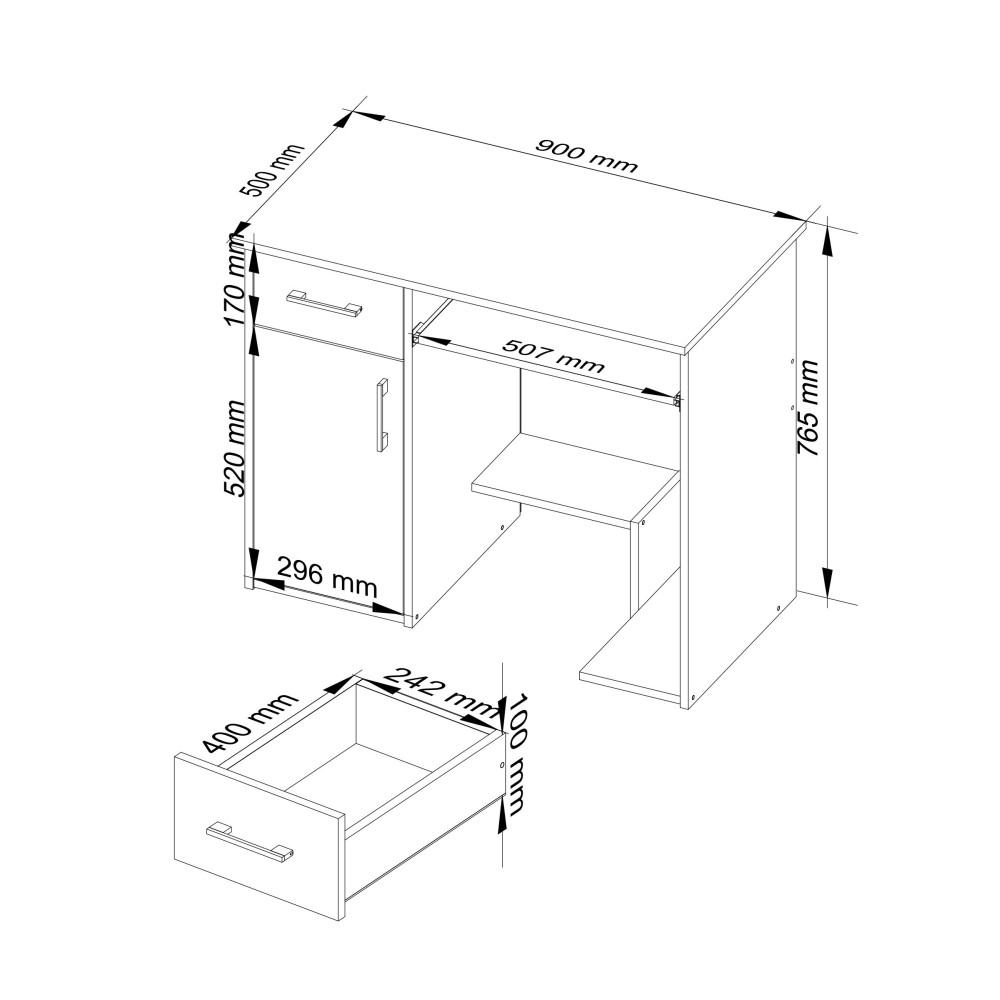 Bureau JENNA 1 porte 1 Tiroir 3 étagères 90x74X50 cm blanc