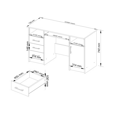 Bureau POLO Bois MDF 1 Porte 3 Tiroirs Marron 5 Étagères 124x52x74 Cm