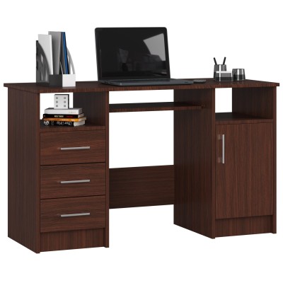Bureau POLO Bois MDF 1 Porte 3 Tiroirs Marron 5 Étagères 124x52x74 Cm