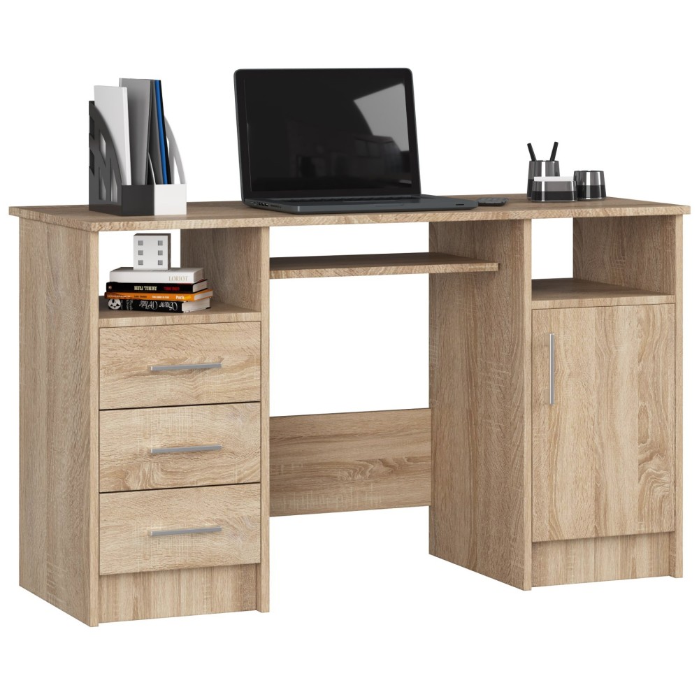 Bureau POLO Bois MDF 1 Porte 3 Tiroirs Marron 5 Étagères 124x52x74 Cm