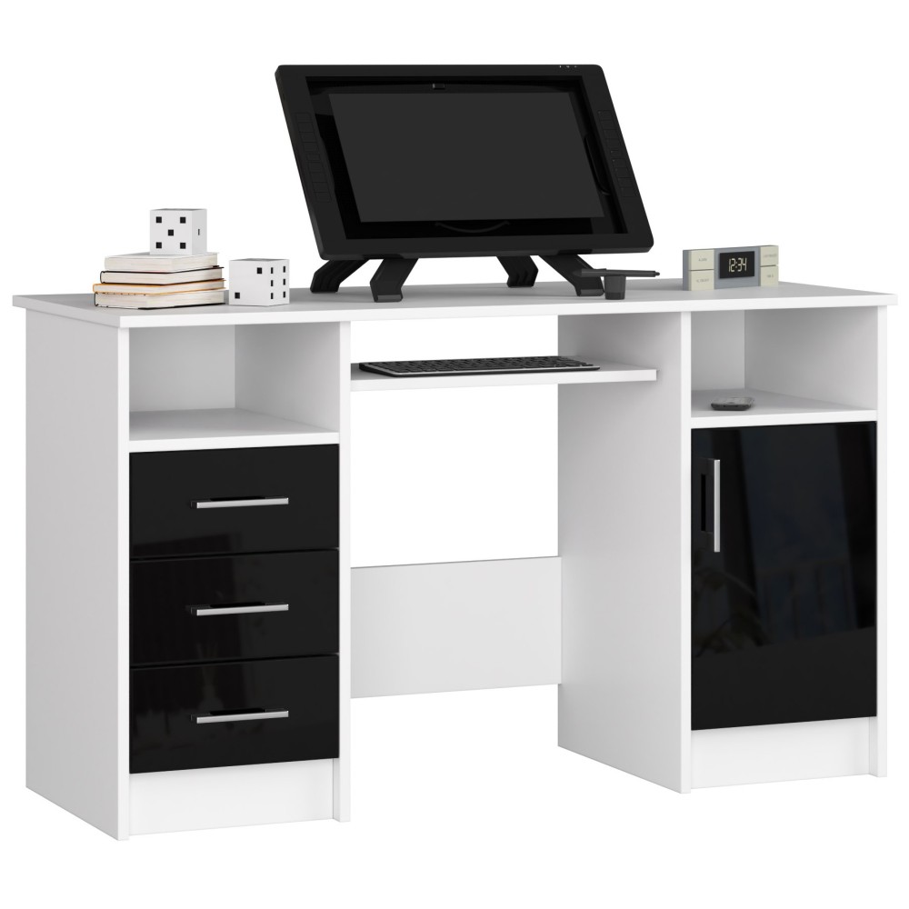 Bureau POLO Bois MDF 1 Porte 3 Tiroirs Façade Noir Brillant 5 Étagères 124x52x74 Cm