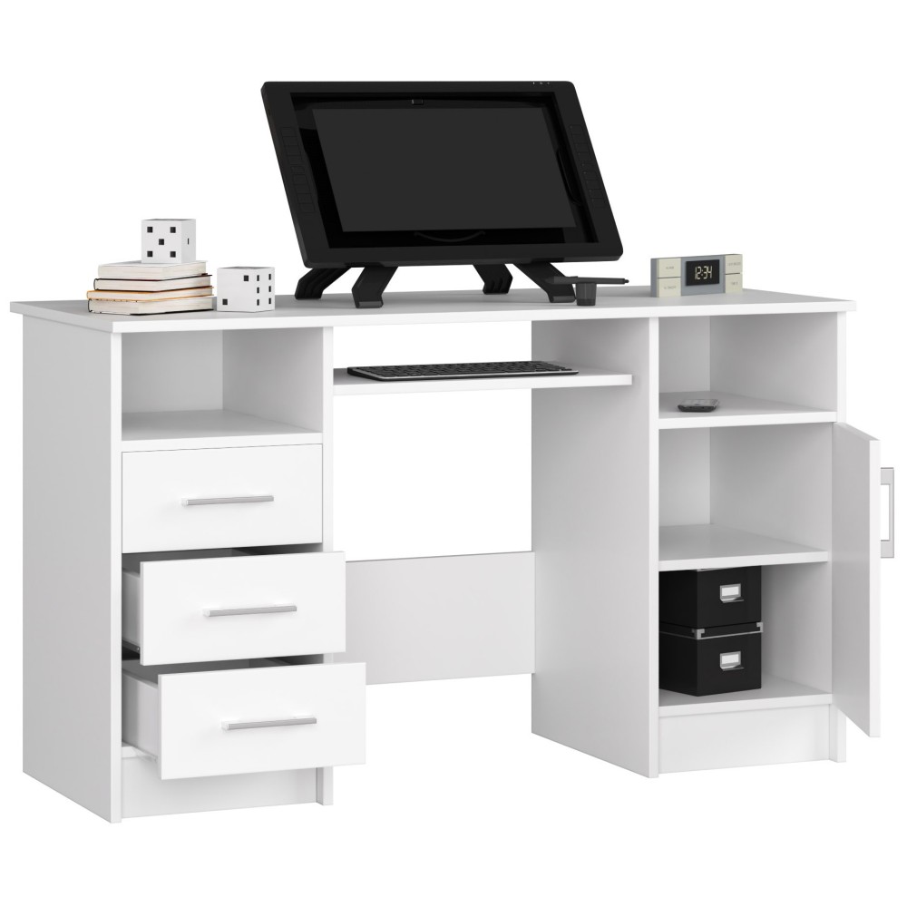 Bureau POLO Bois MDF 1 Porte 3 Tiroirs Façade Blanc 5 Étagères 124x52x74 Cm