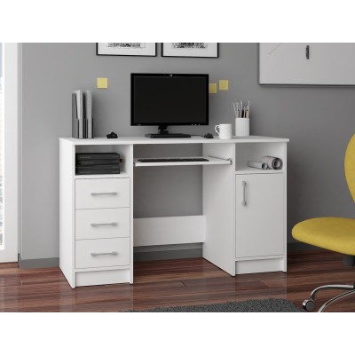 Bureau POLO Bois MDF 1 Porte 3 Tiroirs Façade Blanc 5 Étagères 124x52x74 Cm