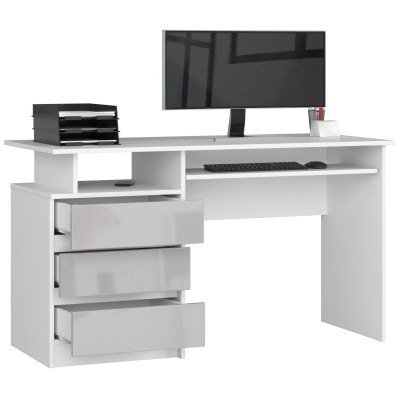 Bureau ERINO Bois MDF  Blanc  Gauche 4 tiroirs facade  Gris clair Brillant 90x50x77 cm 
