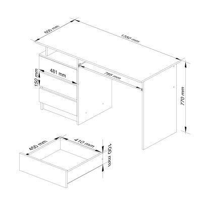 Bureau ERINO Bois MDF  Blanc  Gauche 4 tiroirs facade  Gris clair Brillant 90x50x77 cm 