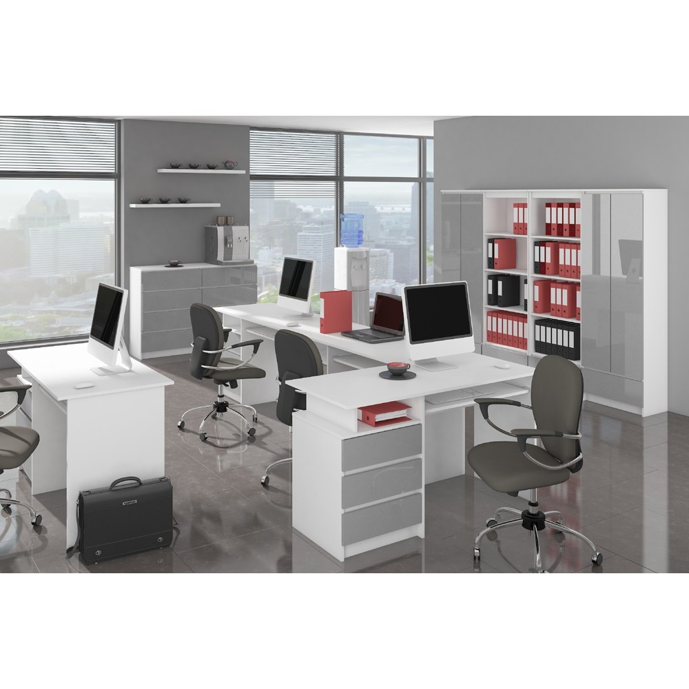 Bureau ERINO Bois MDF  Blanc  Gauche 4 tiroirs facade  Gris clair Brillant 90x50x77 cm 
