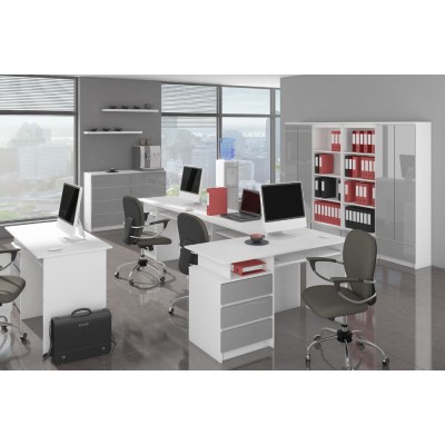 Bureau ERINO Bois MDF  Blanc  Gauche 4 tiroirs facade  Gris clair Brillant 90x50x77 cm 