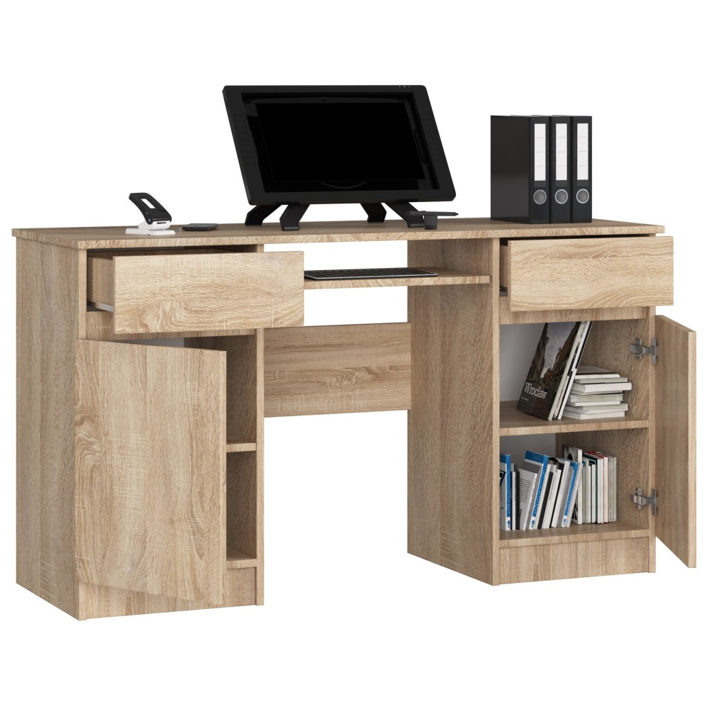 Bureau LINO Chêne 2 portes 2 tiroirs  5 étagères 135x50x77 cm