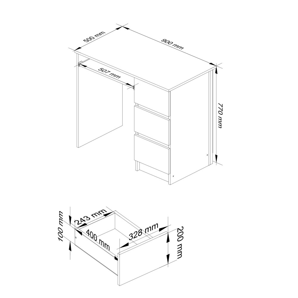 Bureau RICCI Droite Marron Bois MDF 3 tiroirs façade Blanche 1 étagère 90x50x77 cm