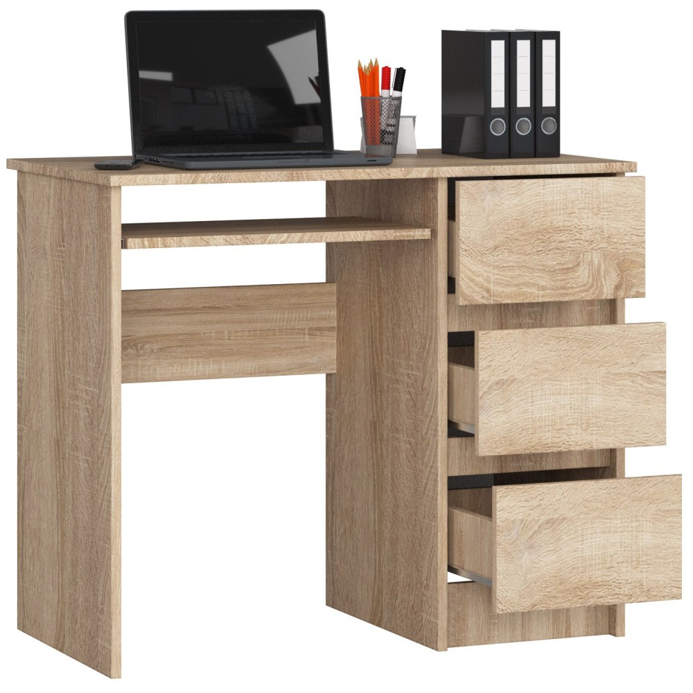Bureau RICCI Droite Marron Bois MDF 3 tiroirs 1 étagère 90x50x77 cm