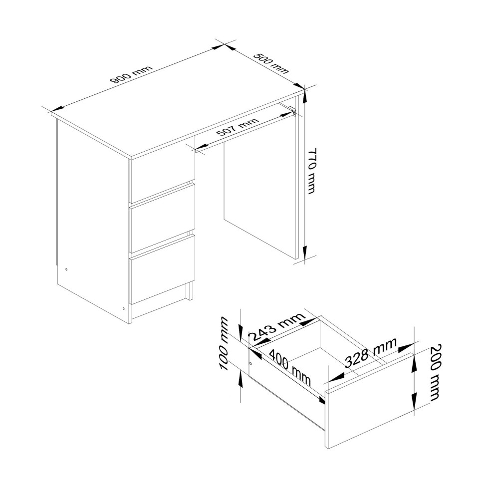 Bureau RICCI Gauche Blanc Bois MDF 3 tiroirs façade Rouge Brillant 1 étagère 90x50x77 cm