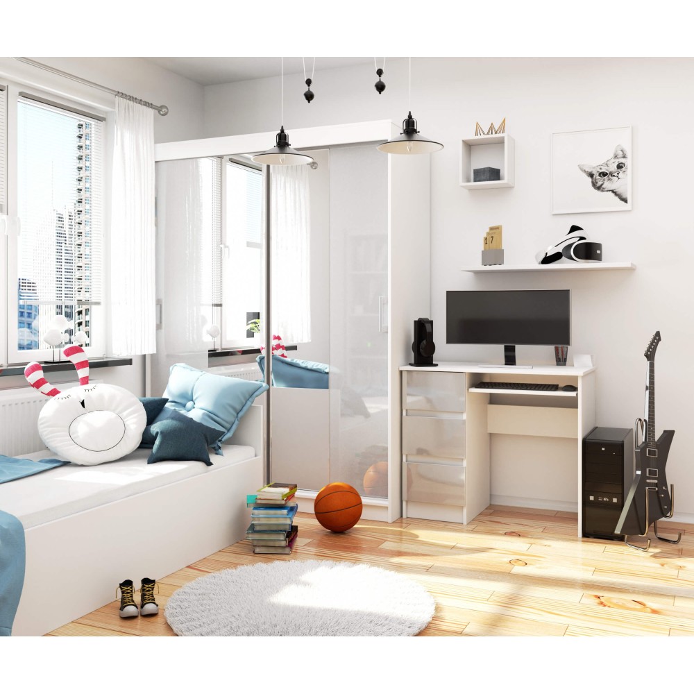 Bureau RICCI Gauche Blanc Bois MDF 3 tiroirs façade Gris Brillant 1 étagère 90x50x77 cm