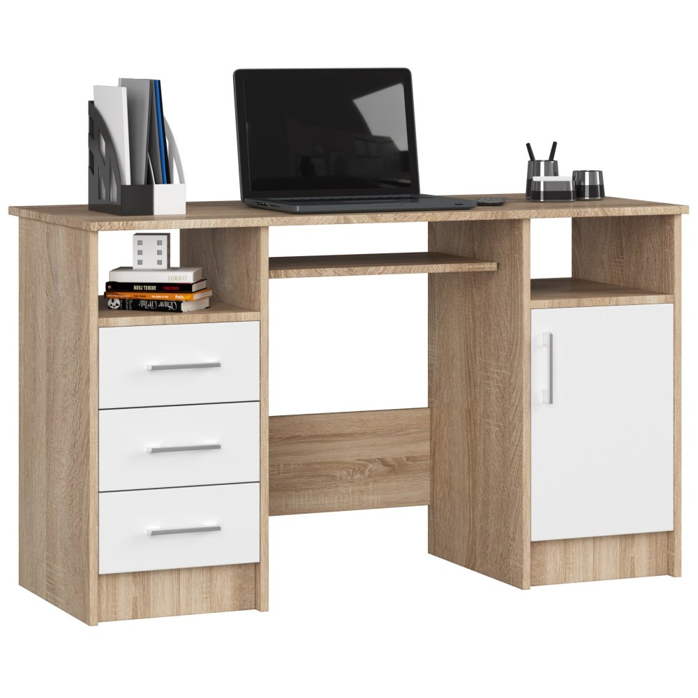 Bureau POLO Bois MDF 1 Porte 3 Tiroirs Façade Blanc 5 Étagères 124x52x74 Cm