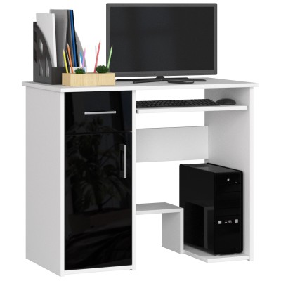 Bureau JENNA 1 porte 1 Tiroir 3 étagères 90x74X50 cm Blanc facade Noir Brillant