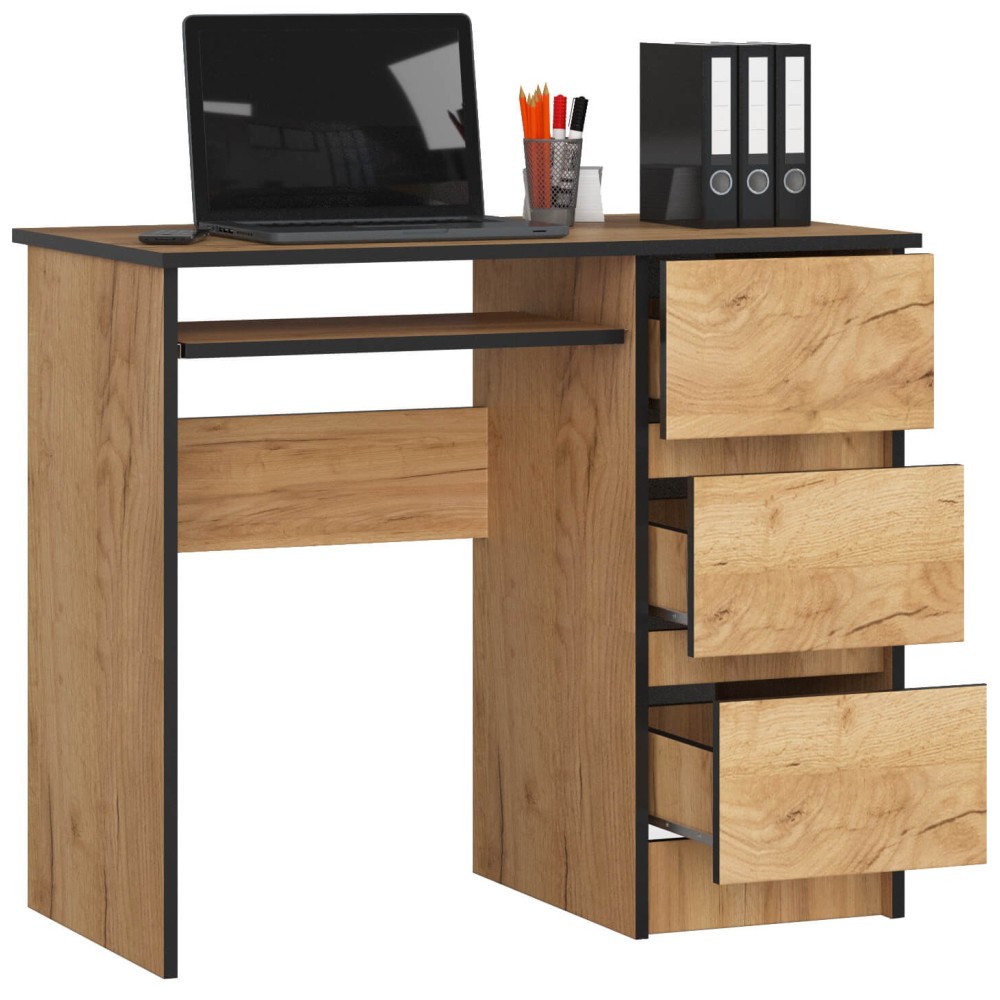 Bureau RICCI Droite Marron Bois MDF 3 tiroirs 1 étagère 90x50x77 cm