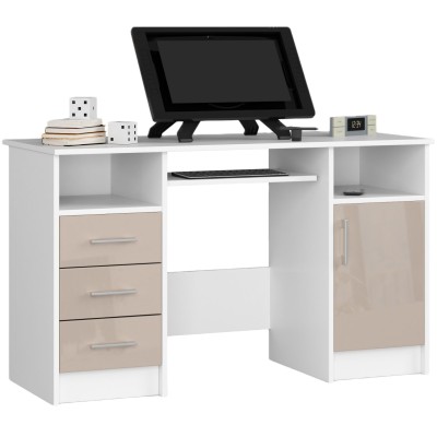 Bureau POLO Bois MDF 1 Porte 3 Tiroirs Façade capucino Brillant 5 Étagères 124x52x74 Cm