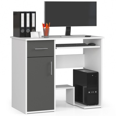 Bureau JENNA 1 porte 1 Tiroir 3 étagères 90x74X50 cm Blanc facade Gris