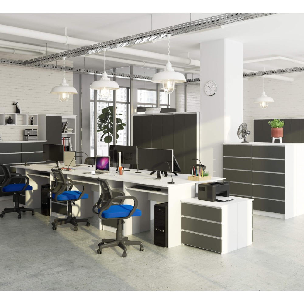 Bureau ERINO Bois MDF  Blanc  Gauche 4 tiroirs facade gris  90x50x77 cm 