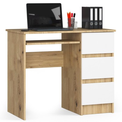 Bureau RICCI Droite Marron Bois MDF 3 tiroirs façade blanche 1 étagère 90x50x77 cm