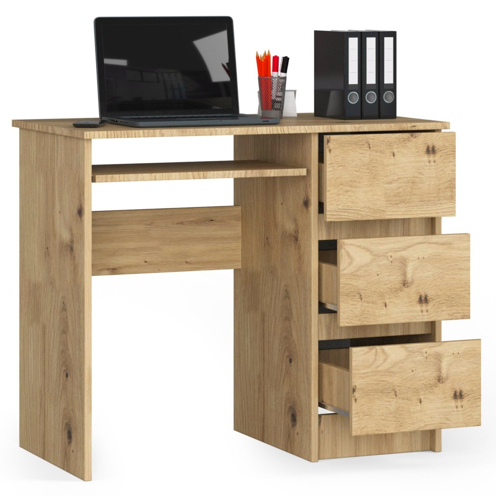 Bureau RICCI Droite Marron Bois MDF 3 tiroirs 1 étagère 90x50x77 cm