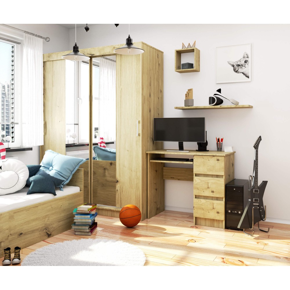 Bureau RICCI Droite Marron Bois MDF 3 tiroirs 1 étagère 90x50x77 cm