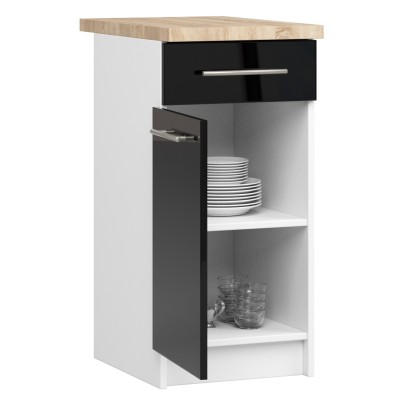 Meuble de cuisine bas POLINE 1 porte 1 tiroir Blanc façade Noir brillant 40x85x46 cm 