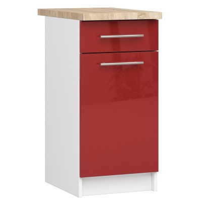 Meuble de cuisine bas POLINE 1 porte 1 tiroir Blanc façade Rouge brillant 40x85x46 cm 