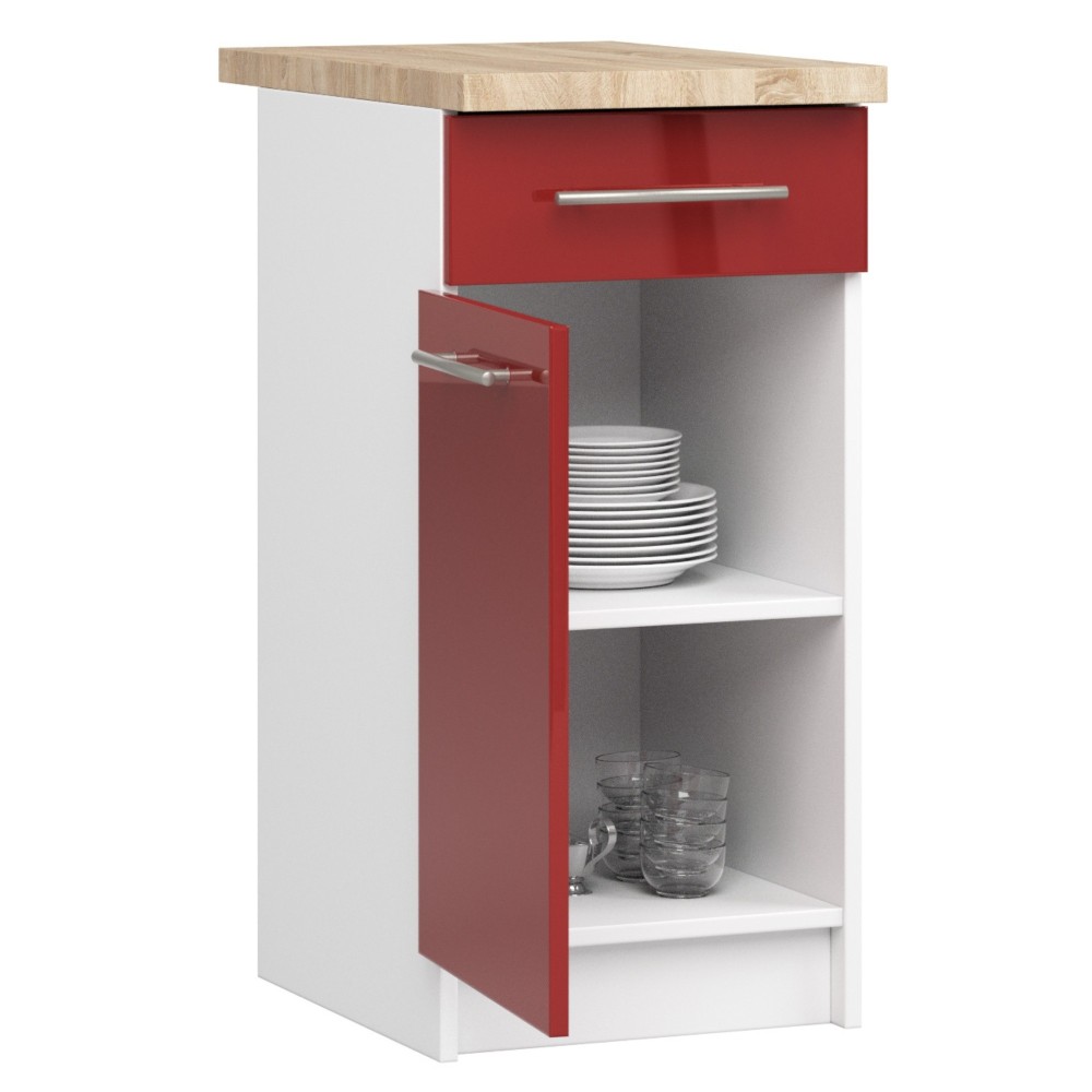 Meuble de cuisine bas POLINE 1 porte 1 tiroir Blanc façade Rouge brillant 40x85x46 cm 