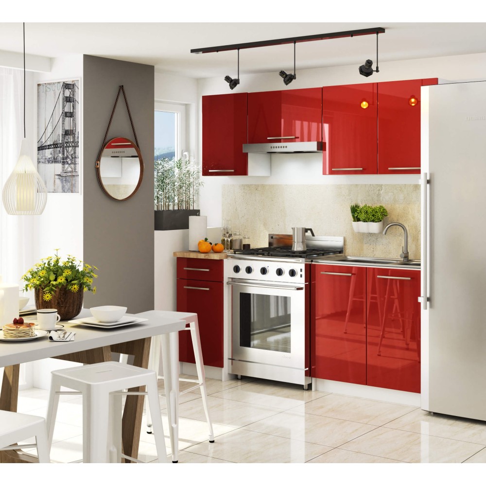 Meuble de cuisine bas POLINE 1 porte 1 tiroir Blanc façade Rouge brillant 40x85x46 cm 