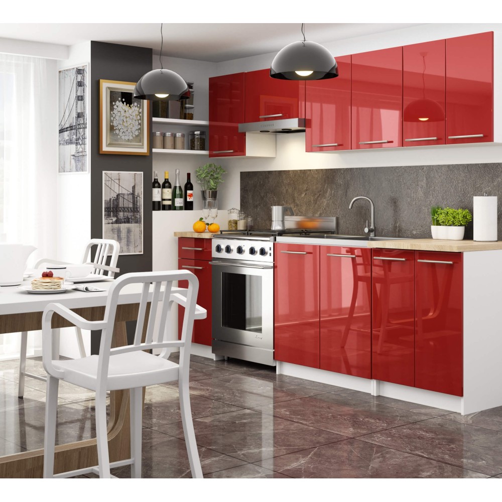 Meuble de cuisine bas POLINE 1 porte 1 tiroir Blanc façade Rouge brillant 40x85x46 cm 