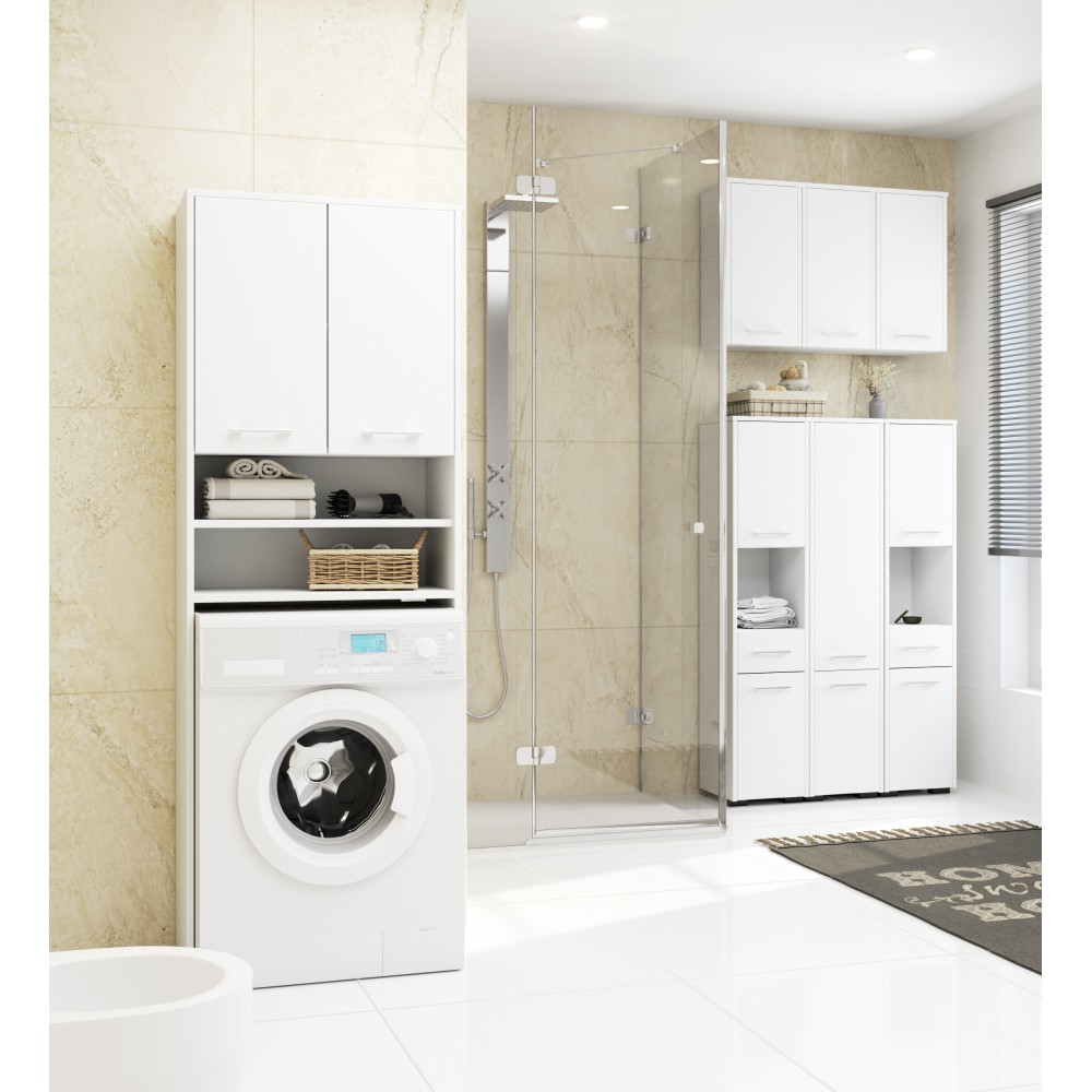 Armoire RICO Colonne Salle De Bain  2 Portes 1 Tiroir Façade Métallique Brillant 5 Étagères 30x30x140 Cm