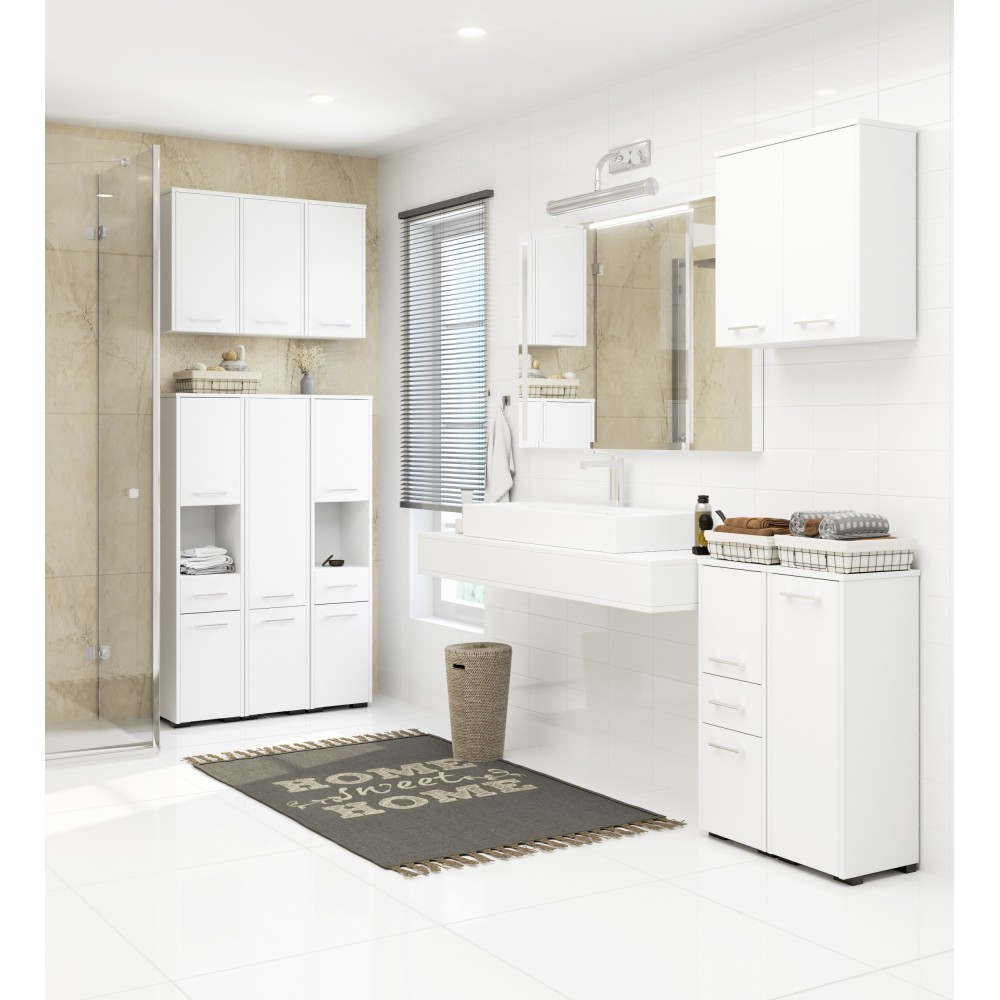 Armoire RICO Colonne Salle De Bain  2 Portes 1 Tiroir Façade Métallique Brillant 5 Étagères 30x30x140 Cm