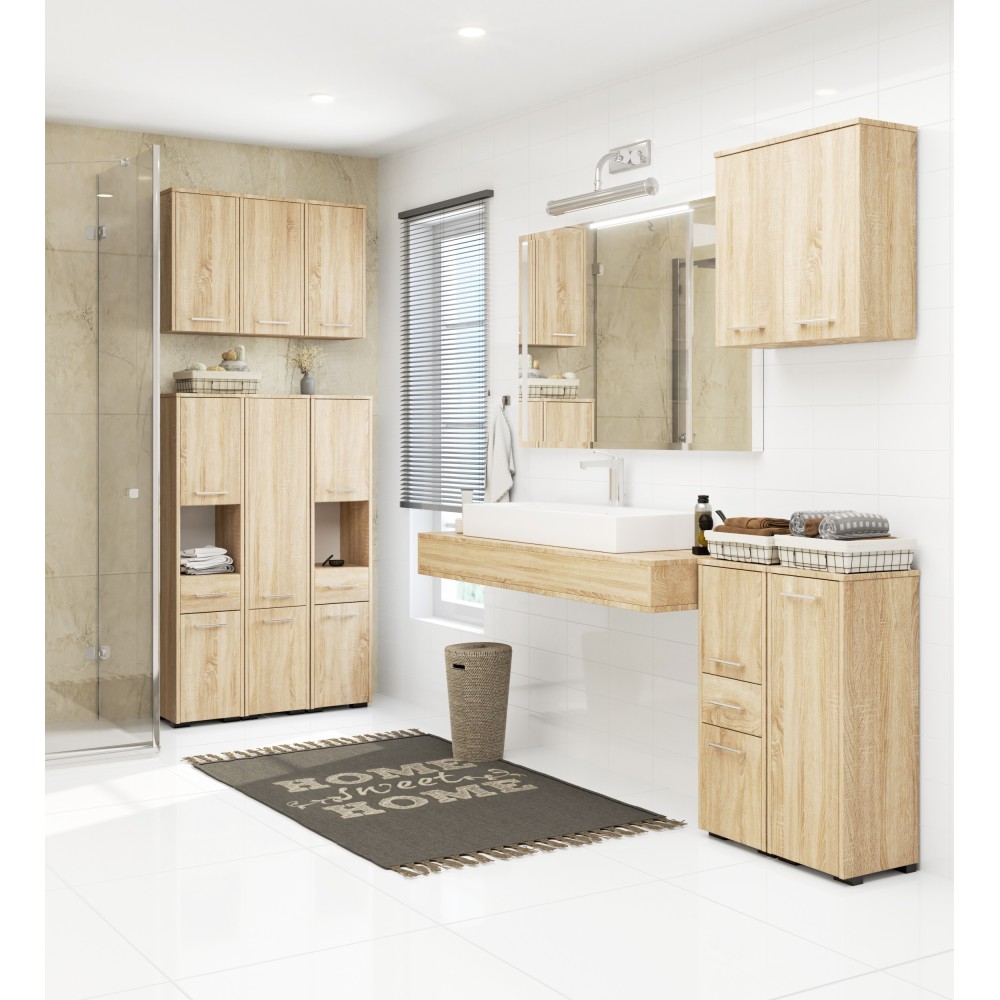 Meuble machine a laver 2 portes façade Bois Chêne Sonoma 4 étagères 64x30x180 cm