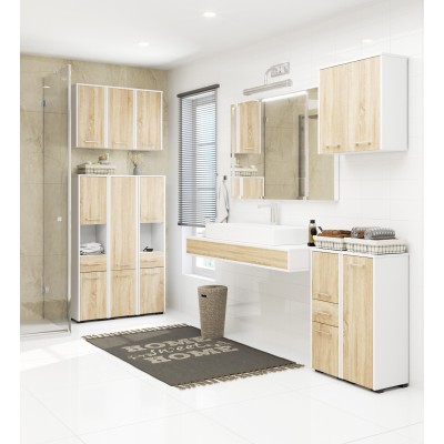 Armoire salle de bain sur pied 1porte Blanche Bois 2 étagères 30x30x85 cm