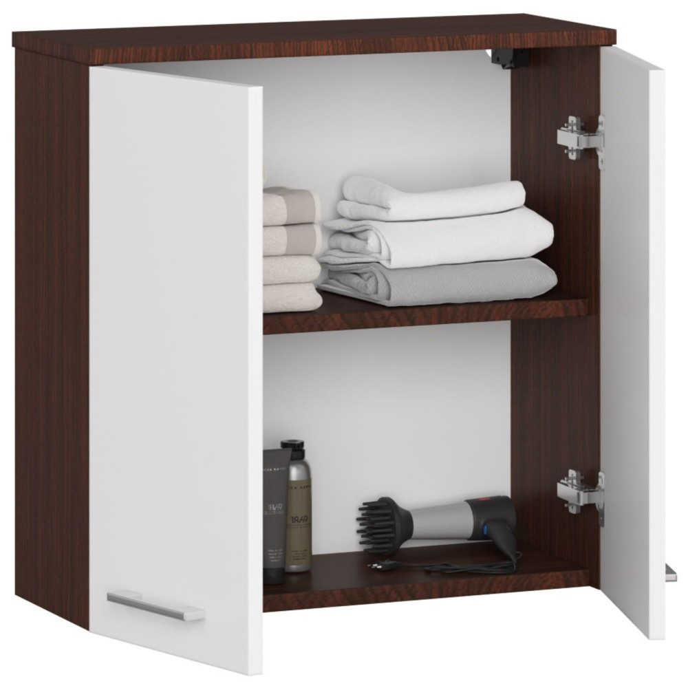 Armoire Salle De Bains Marron 60X22X60 cm 2 Portes Façade Blanche 2 Étagères