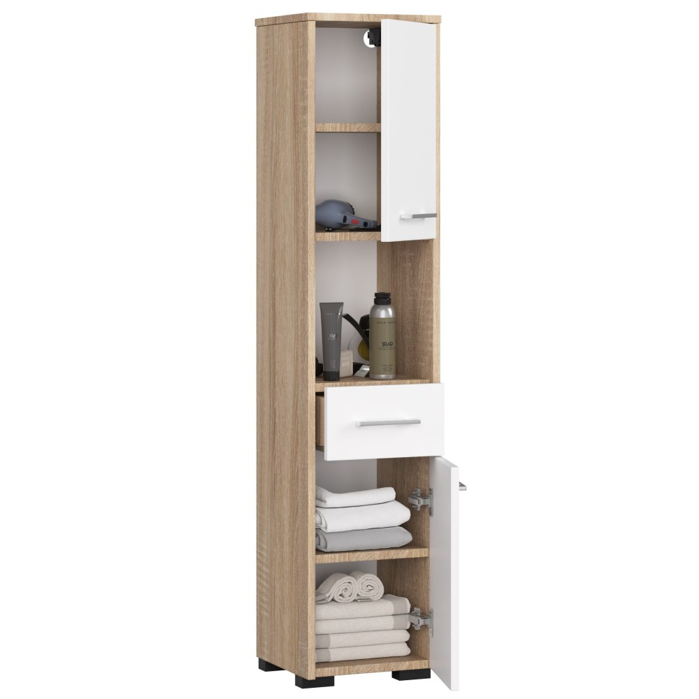 Armoire RICO Colonne Salle De Bain  2 Portes 1 Tiroir Façade Métallique Brillant 5 Étagères 30x30x140 Cm