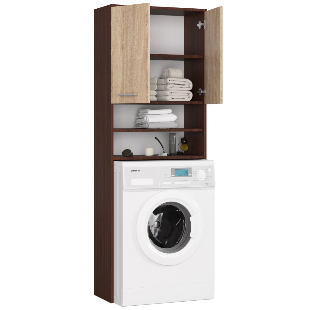 Meuble machine a laver 2 portes Marron Bois 4 étagères 64x30x180 cm