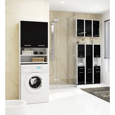 Armoire Colonne Salle De Bains RINA 2 Portes 5 Étagères 30x30x140 Cm Blanc Facade Noir brillant