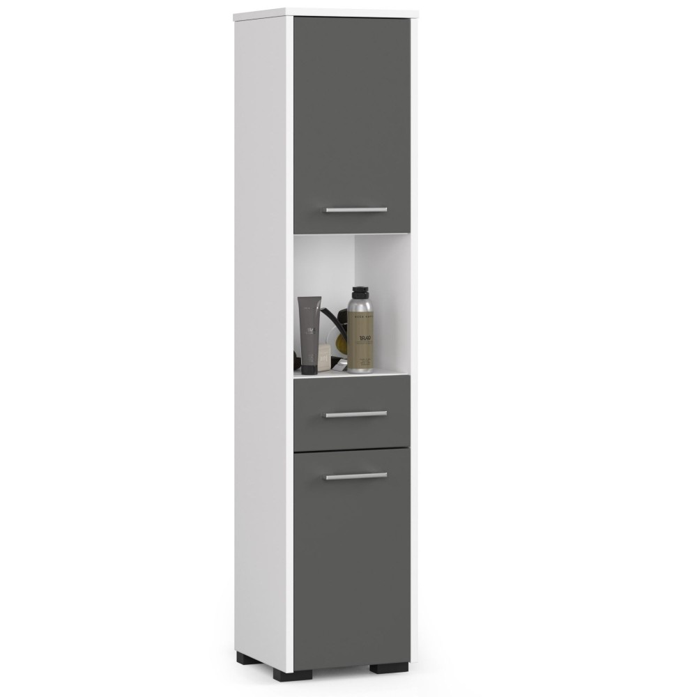 Armoire RICO Colonne Salle De Bain  2 Portes 1 Tiroir Façade Métallique Brillant 5 Étagères 30x30x140 Cm