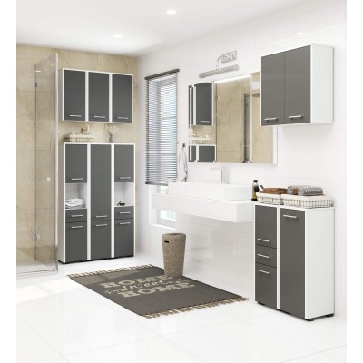 Armoire salle de bain sur pied 1porte Blanc Gris  2 étagères 30x30x85 cm