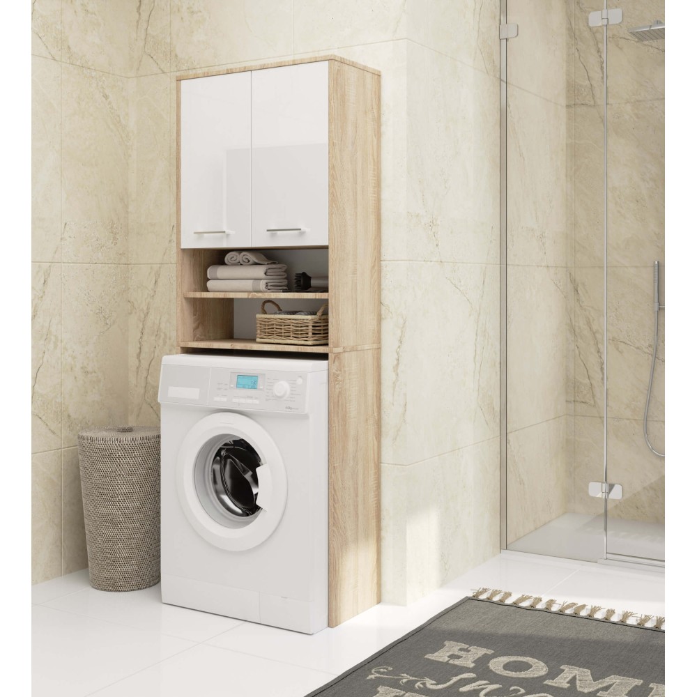 Meuble machine a laver 2 portes Blanc brillant couleur bois 4 étagères 64x30x180 cm
