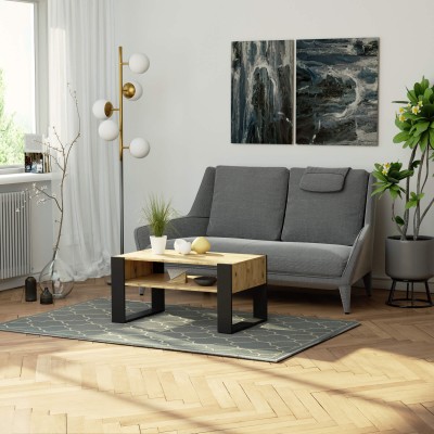 Table basse GENI rangement Bois pied Noir Metal 92x53x45 Cm