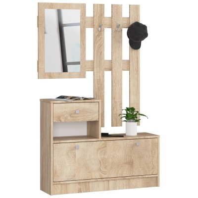 Meuble d'entrée porte manteau armoire à chaussures Chêne Sonoma 90 cm 1 porte 1 tiroir mat, 2 étagères