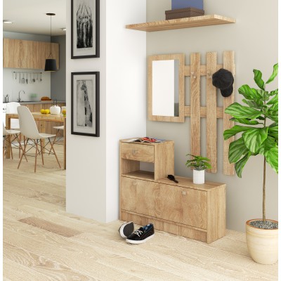 Meuble d'entrée porte manteau armoire à chaussures Chêne Sonoma 90 cm 1 porte 1 tiroir mat, 2 étagères