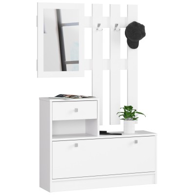 Meuble d'entrée porte manteau armoire à chaussures Blanc 90 cm 1 porte 1 tiroir mat, 2 étagères