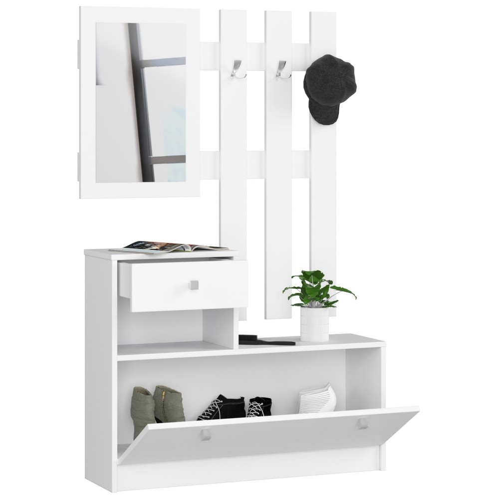 Meuble d'entrée porte manteau armoire à chaussures Blanc 90 cm 1 porte 1 tiroir mat, 2 étagères