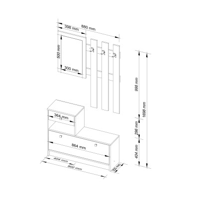 Meuble d'entrée porte manteau armoire à chaussures Blanc 90 cm 1 porte 1 tiroir mat, 2 étagères