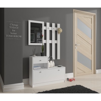 Meuble d'entrée porte manteau armoire à chaussures Blanc 90 cm 1 porte 1 tiroir mat, 2 étagères