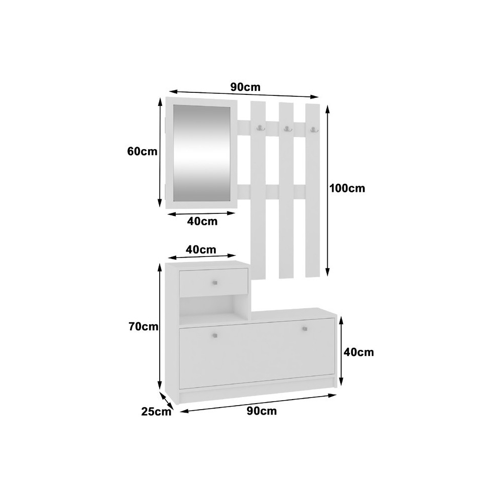 Meuble d'entrée porte manteau armoire à chaussures Blanc 90 cm 1 porte 1 tiroir mat, 2 étagères